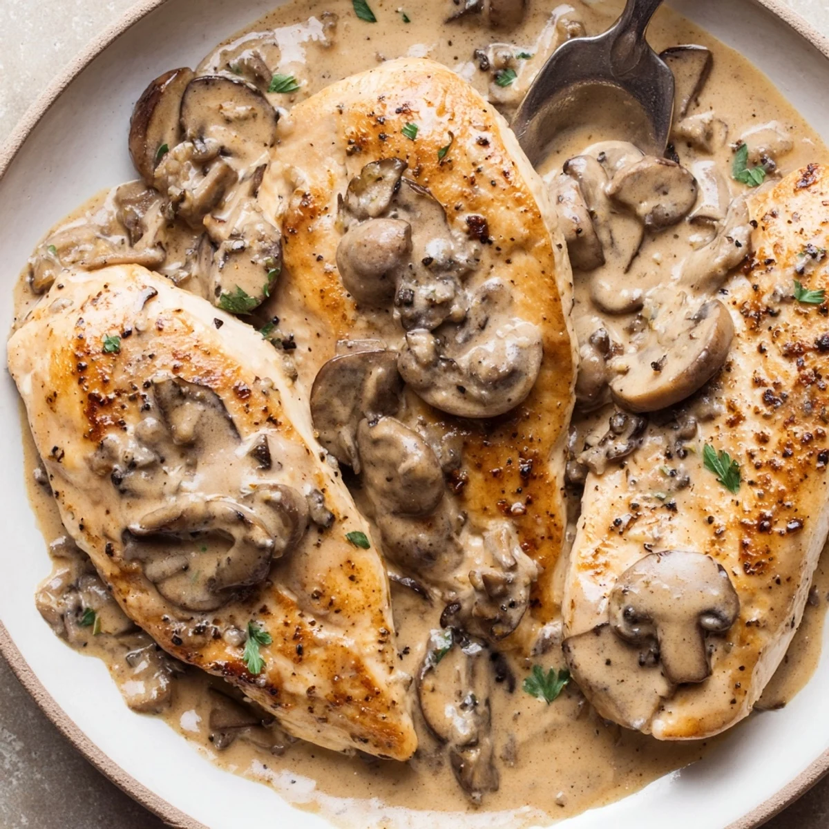 Golden-seared Skillet Chicken And Mushroom Sauce steaming, earthy mushrooms and garlic aroma