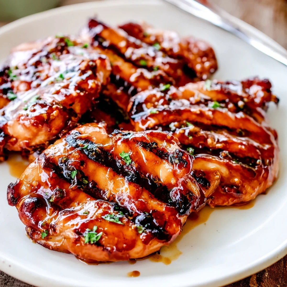 Grilled Honey Buffalo Chicken Thighs glistening with sticky sauce, charred edges, parsley.