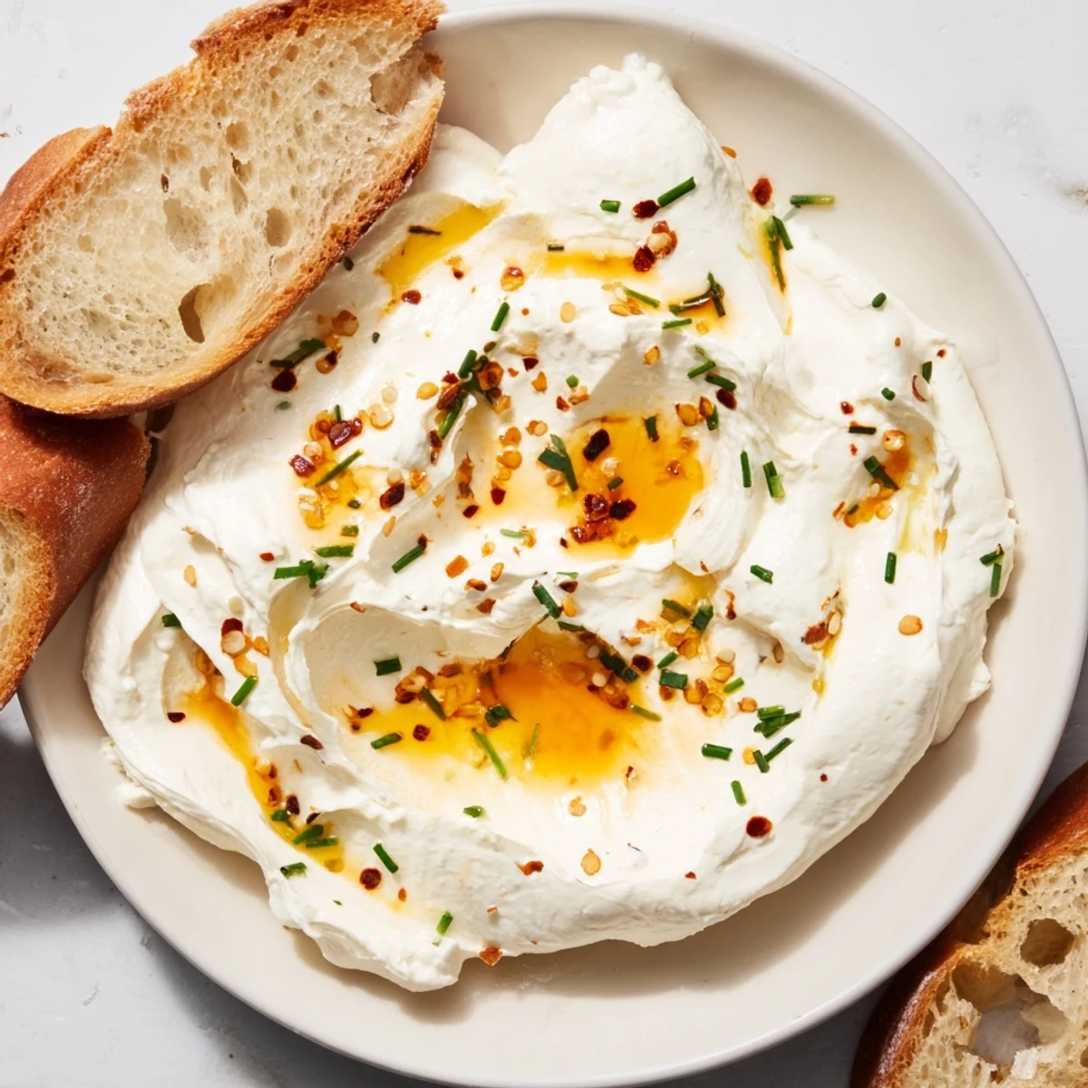 Creamy whipped feta dip drizzled with spicy sweet hot honey and garnished with fresh herbs