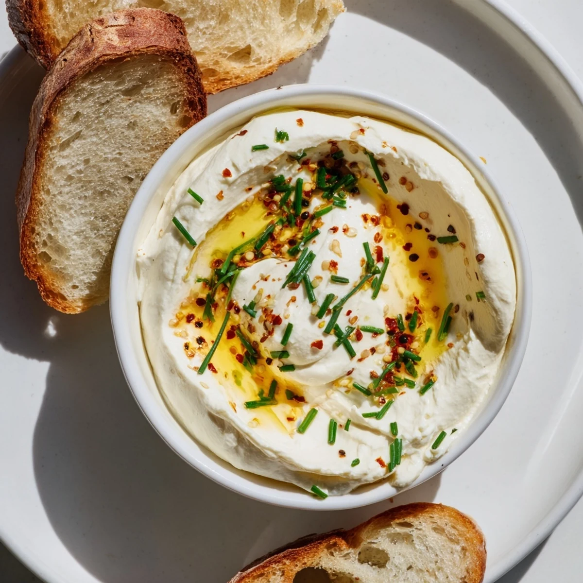 Smooth Mediterranean feta spread topped with warm red pepper honey served on rustic bread
