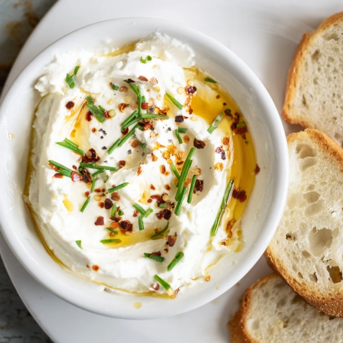 Tangy whipped feta bowl featuring golden hot honey swirls and cracked black pepper topping