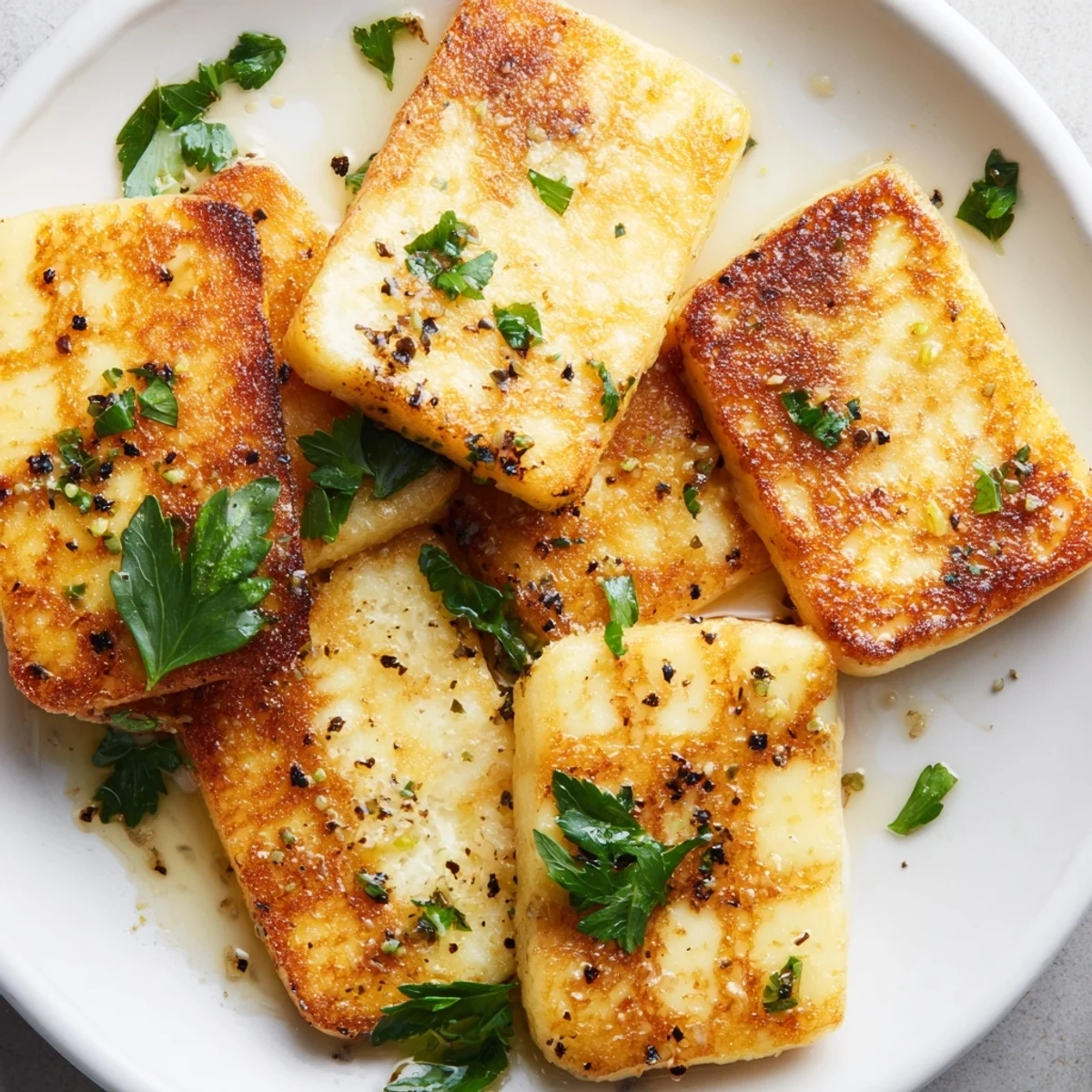Golden pan fried halloumi slices garnished with fresh parsley and lemon wedges on a white plate