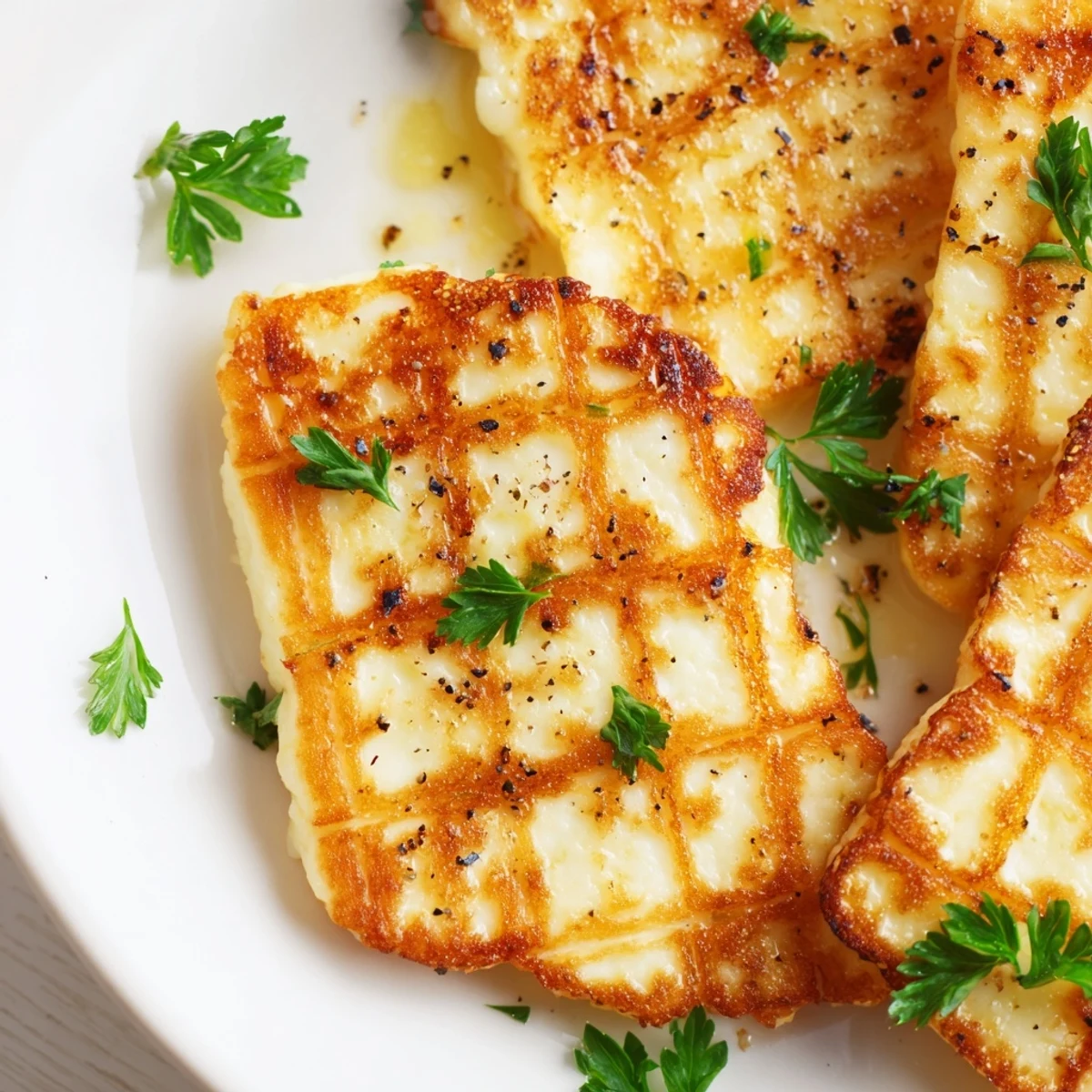 Crispy Mediterranean halloumi cheese sizzling in a skillet with olive oil and fresh herbs