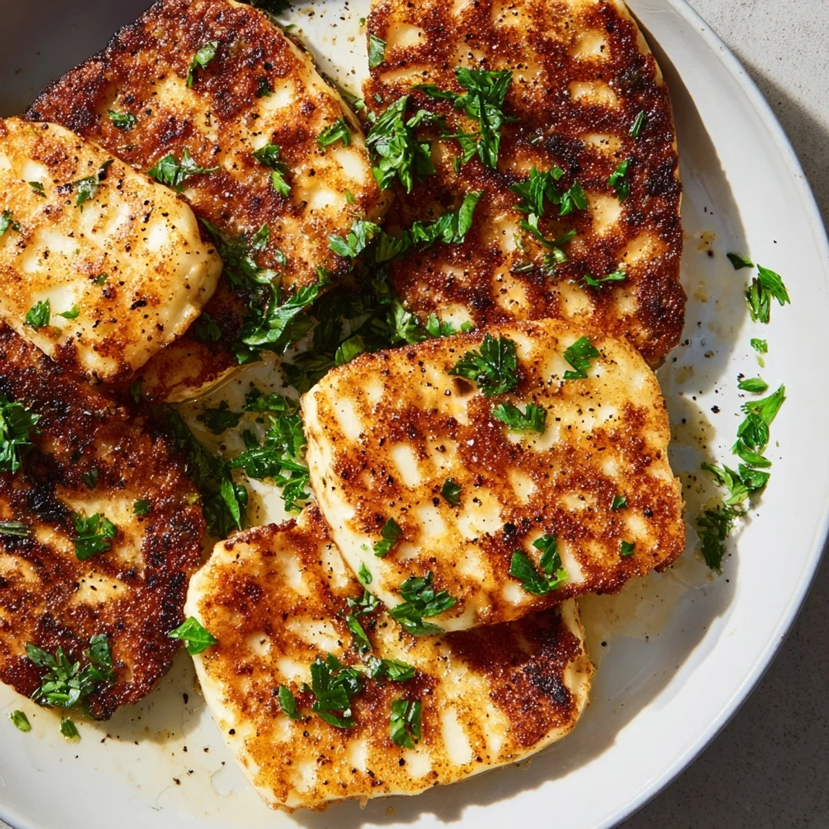 Savory halloumi blocks pan fried until golden brown and served with citrus and black pepper