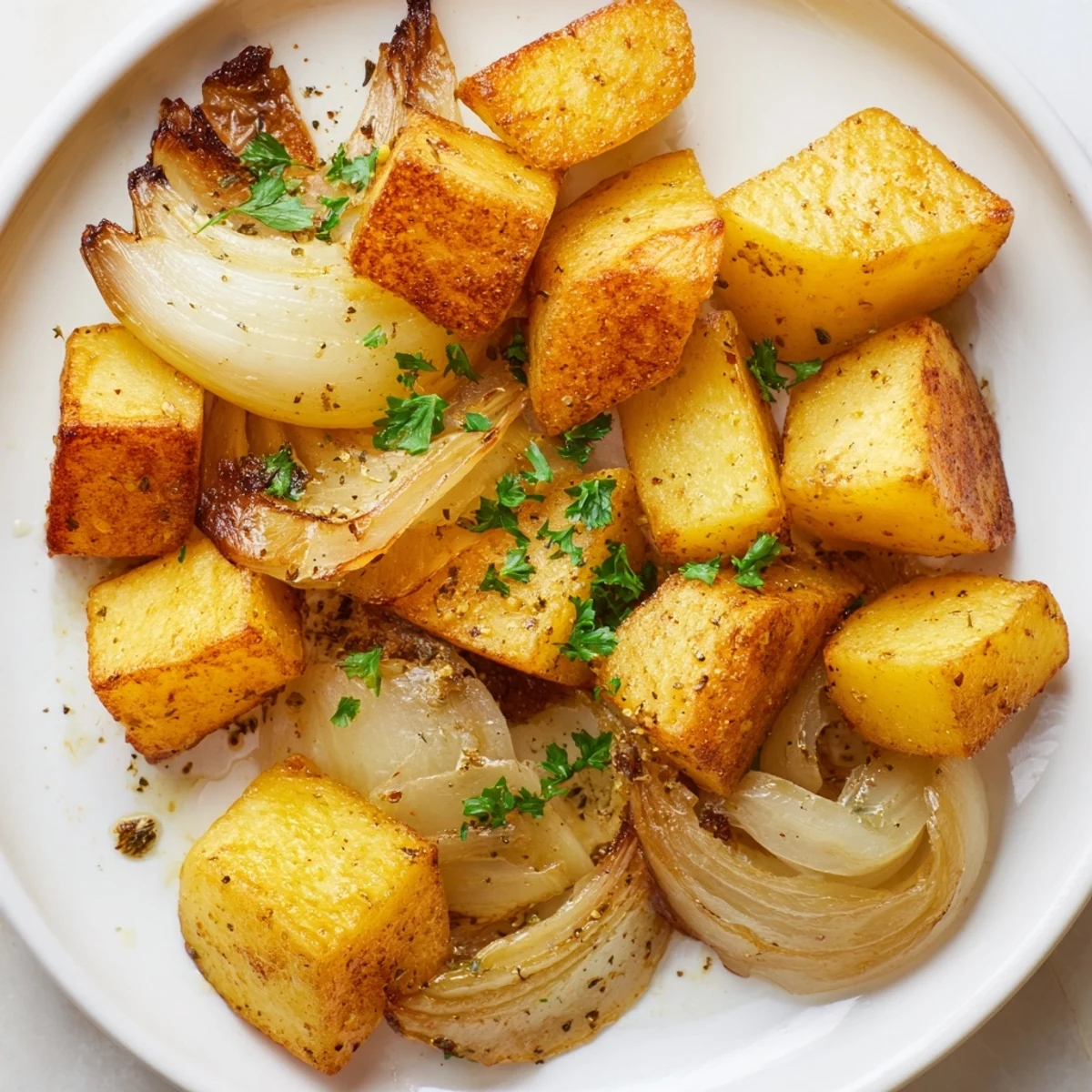 Golden roasted potatoes and caramelized onions arranged on a white baking sheet, garnished with fresh green parsley.