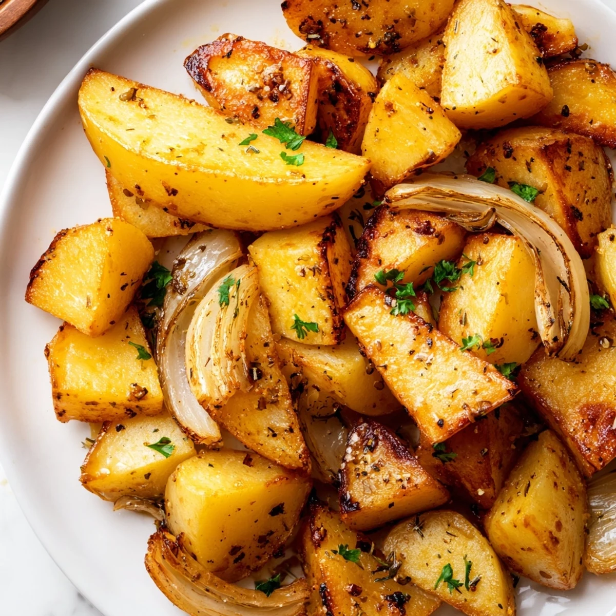 Crispy roasted potatoes and onions tossed with herbs and olive oil, served as a comforting vegetarian side dish.