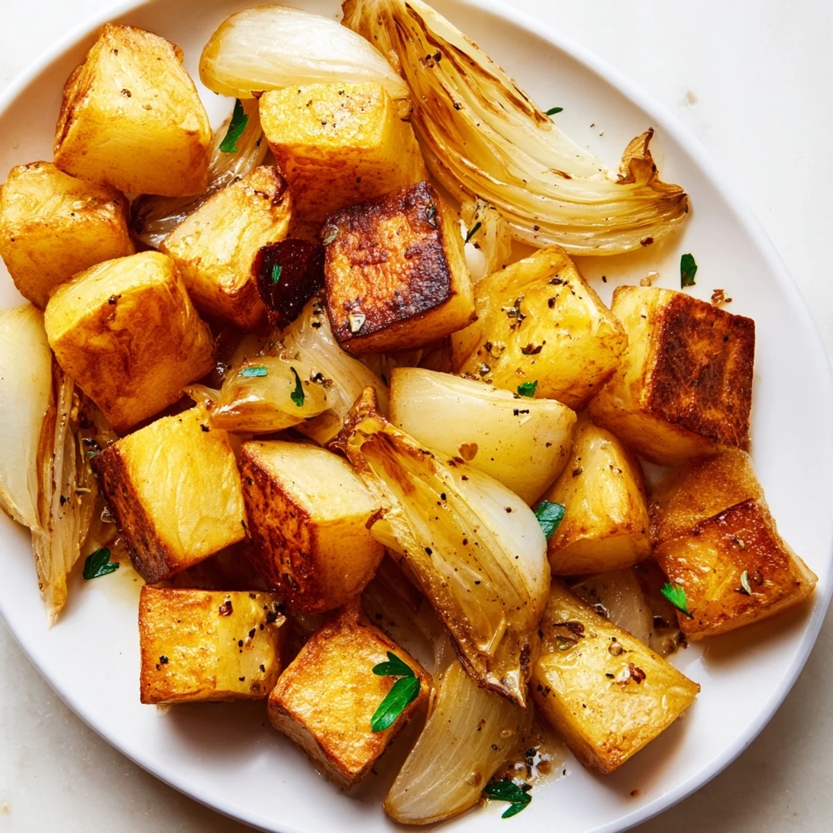 Perfectly roasted potatoes and sweet onions with golden brown edges, sprinkled with dried thyme and black pepper.
