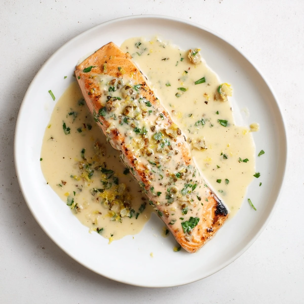 Golden pan-seared salmon fillet drizzled with creamy lemon garlic sauce on a white plate