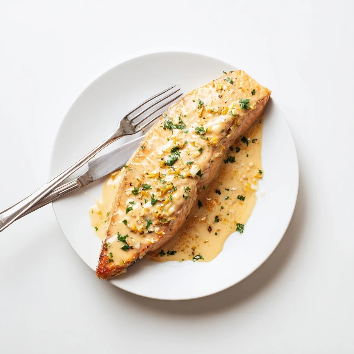 Crispy salmon fillet swimming in tangy lemon cream sauce garnished with lemon wedges
