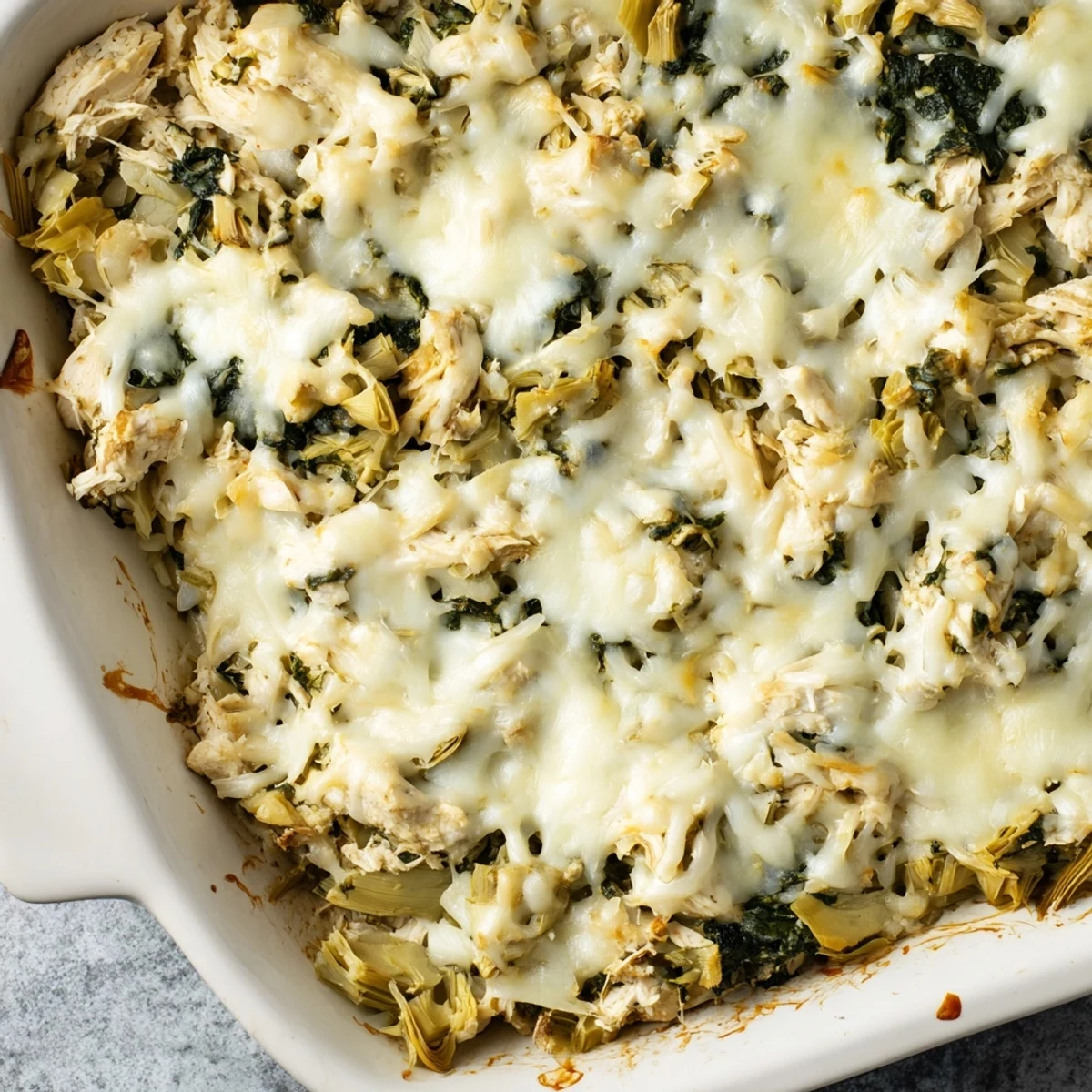Creamy cheesy spinach artichoke chicken casserole served in a white baking dish with garnish