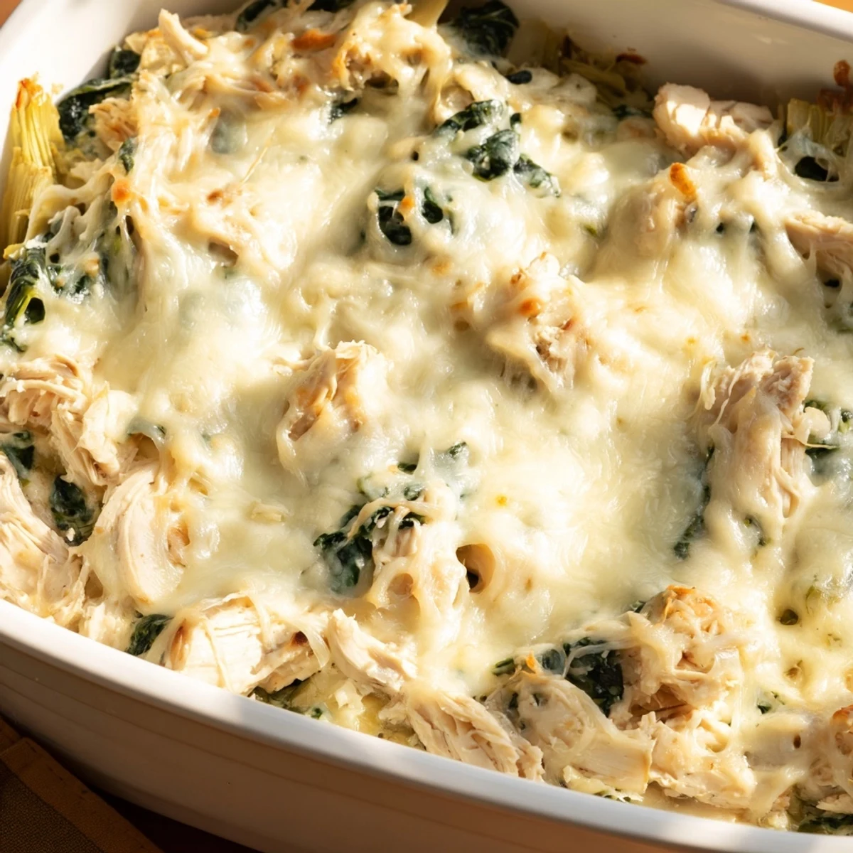Golden bubbly spinach artichoke chicken casserole fresh from the oven with melted mozzarella topping