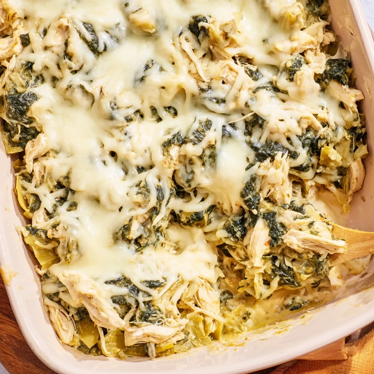 Homemade spinach artichoke chicken casserole featuring tender shredded chicken and artichoke hearts in rich sauce