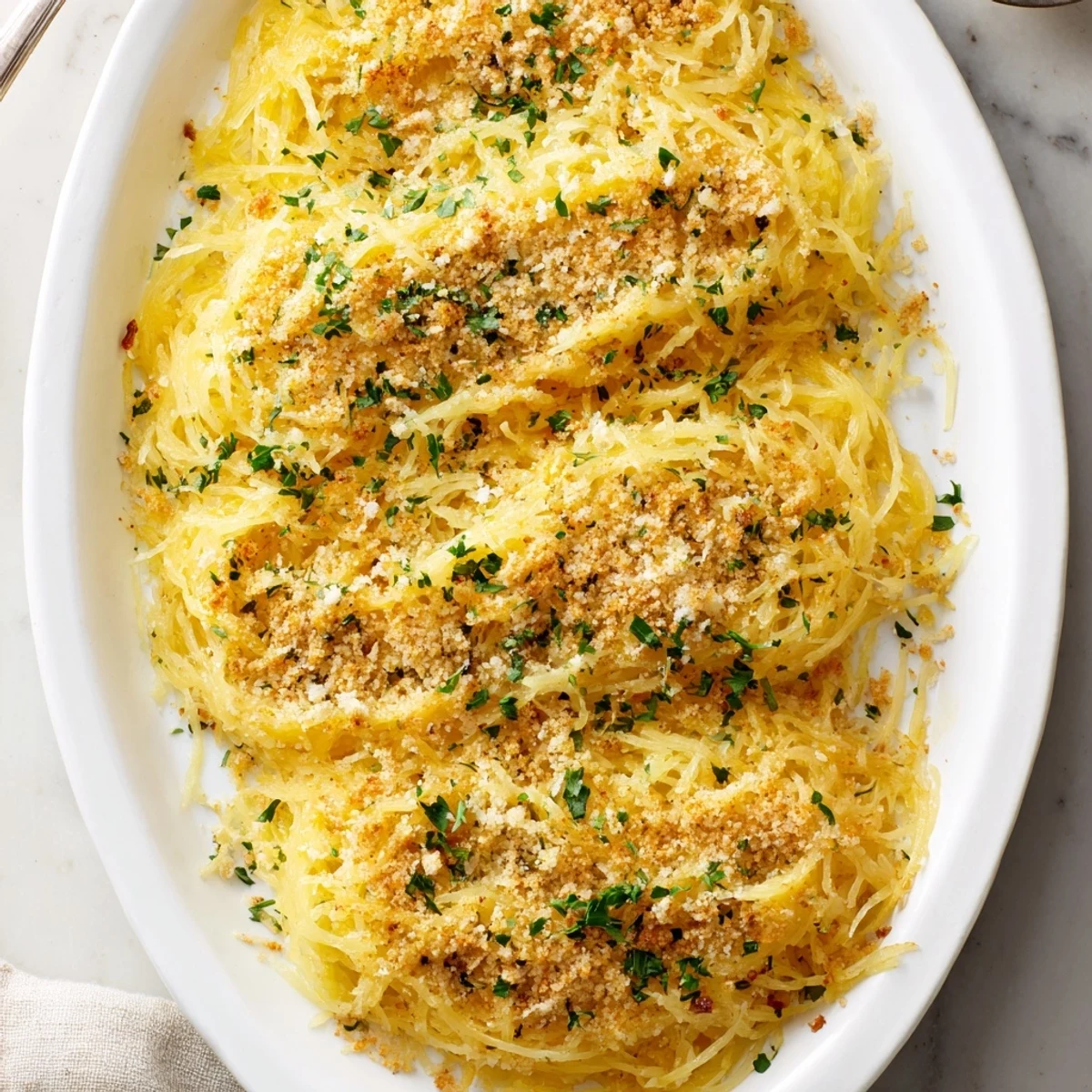 Golden baked spaghetti squash mac and cheese topped with crispy breadcrumbs and fresh parsley garnish