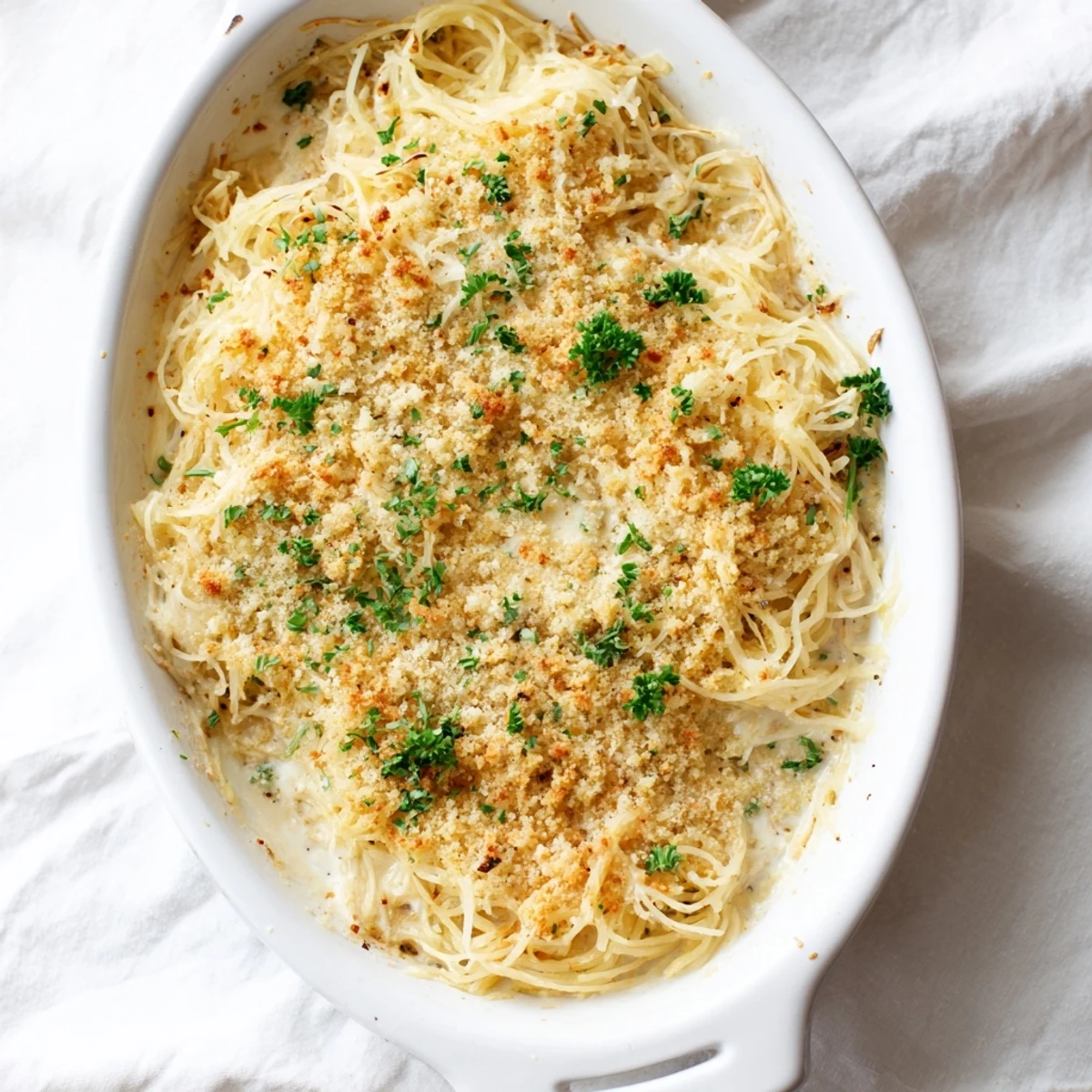 Creamy cheddar cheese sauce coats tender roasted spaghetti squash strands in this comforting low-carb mac and cheese
