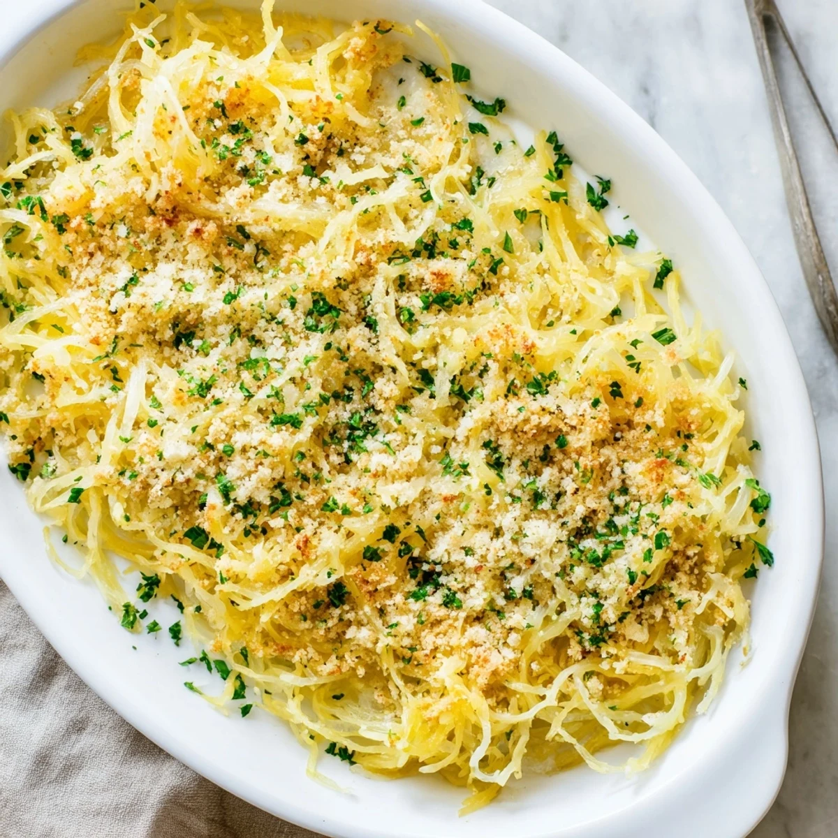Bubbling skillet of spaghetti squash mac and cheese with melted Gruyère and golden parmesan crust