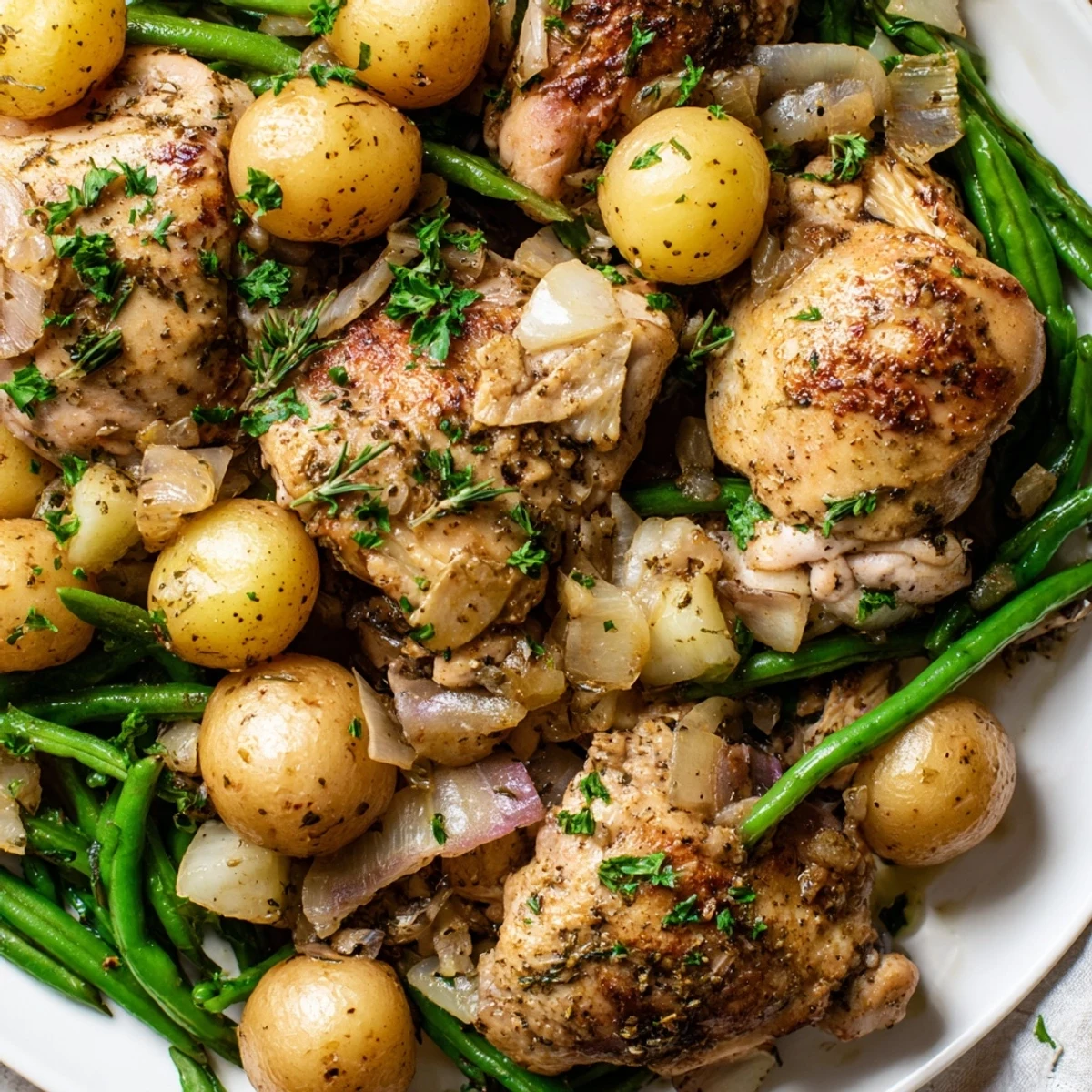 Golden slow cooker chicken and potatoes with green beans garnished with fresh parsley