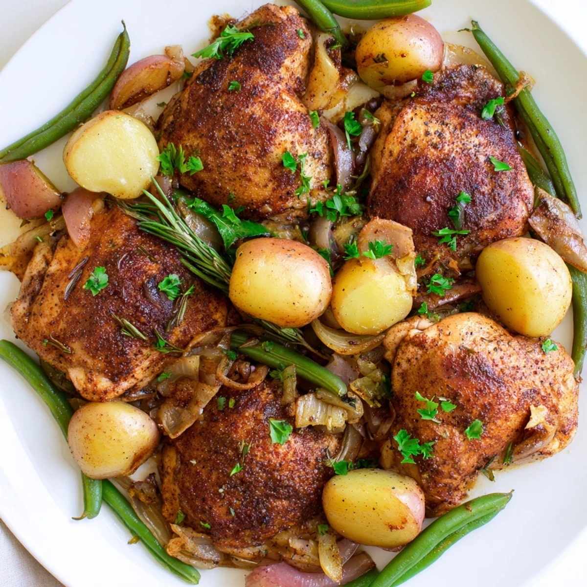 Tender chicken breasts nestled with creamy baby potatoes and crisp green beans in broth