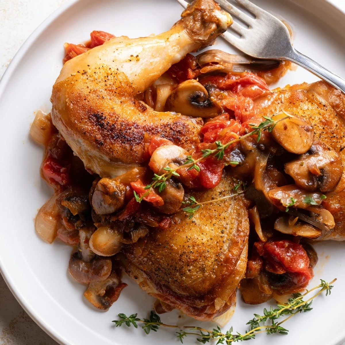 Classic French Hunters Chicken simmering in rich tomato-mushroom sauce, golden seared skin