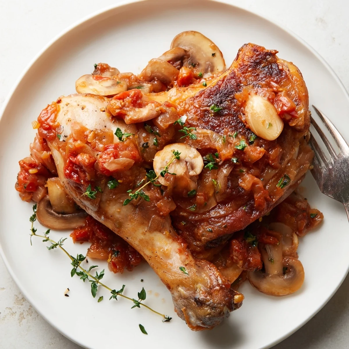 A plate of Classic French Hunters Chicken served over creamy mashed potatoes
