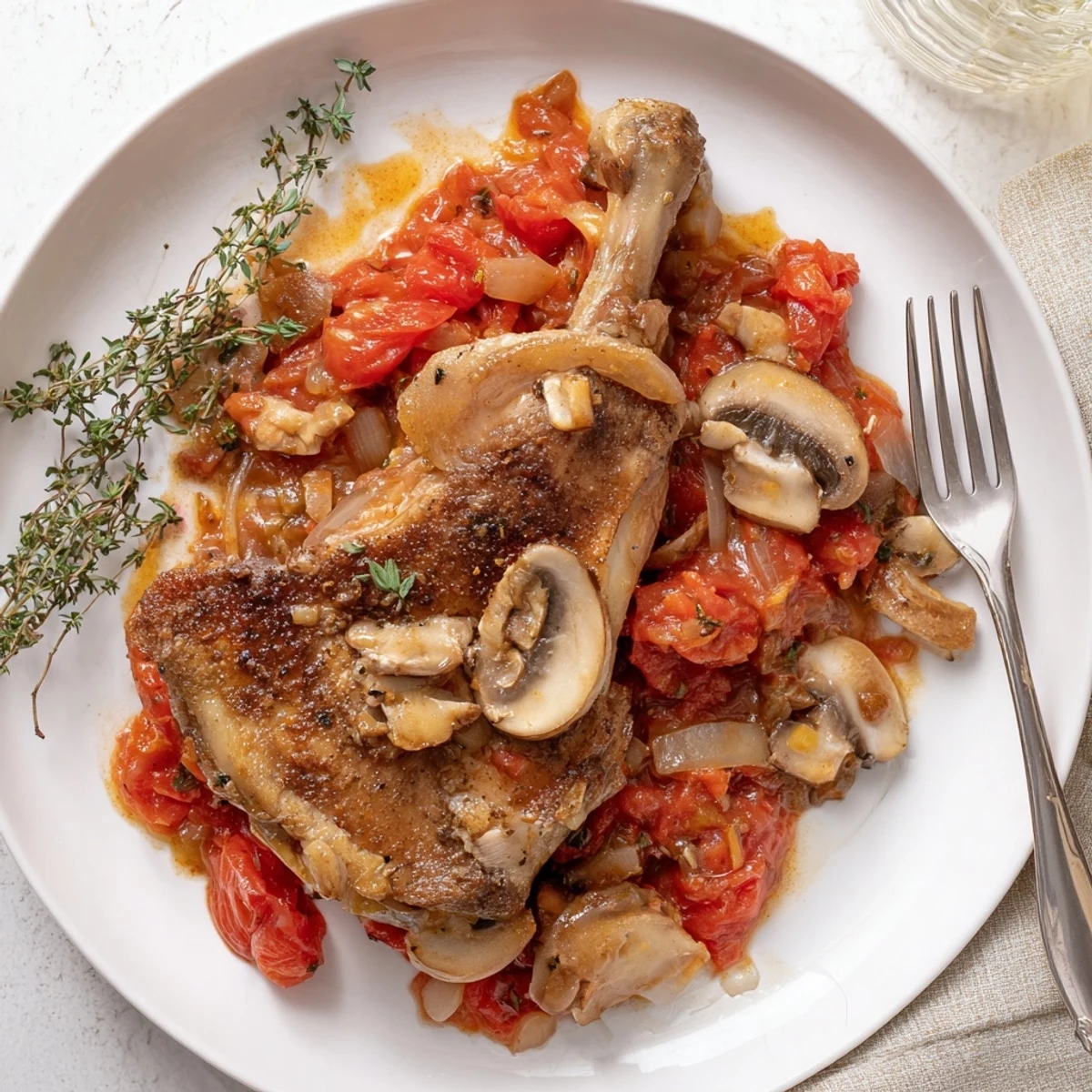 Tender Classic French Hunters Chicken bathing in silky wine-tomato sauce, parsley garnish