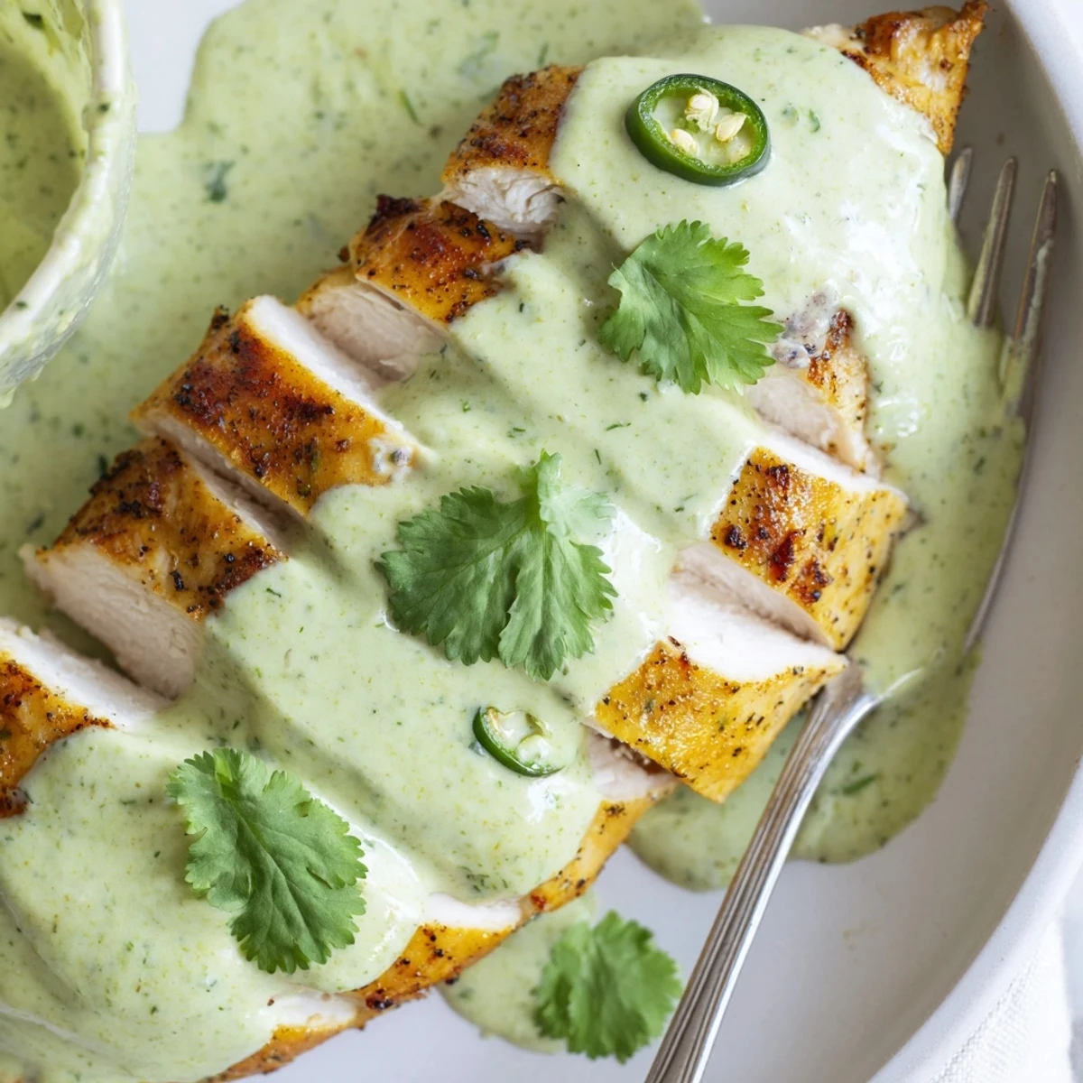Tomatillo Ranch Chicken, juicy baked breasts topped with bright cilantro lime sauce
