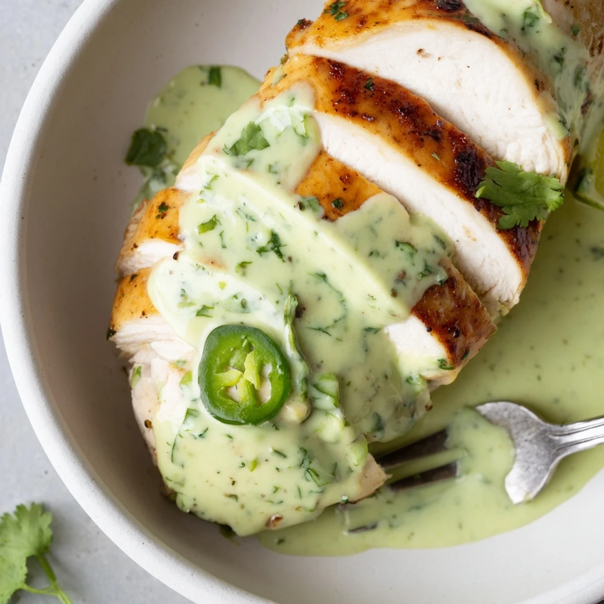 Sliced Tomatillo Ranch Chicken resting on plate, tangy creamy sauce drizzled
