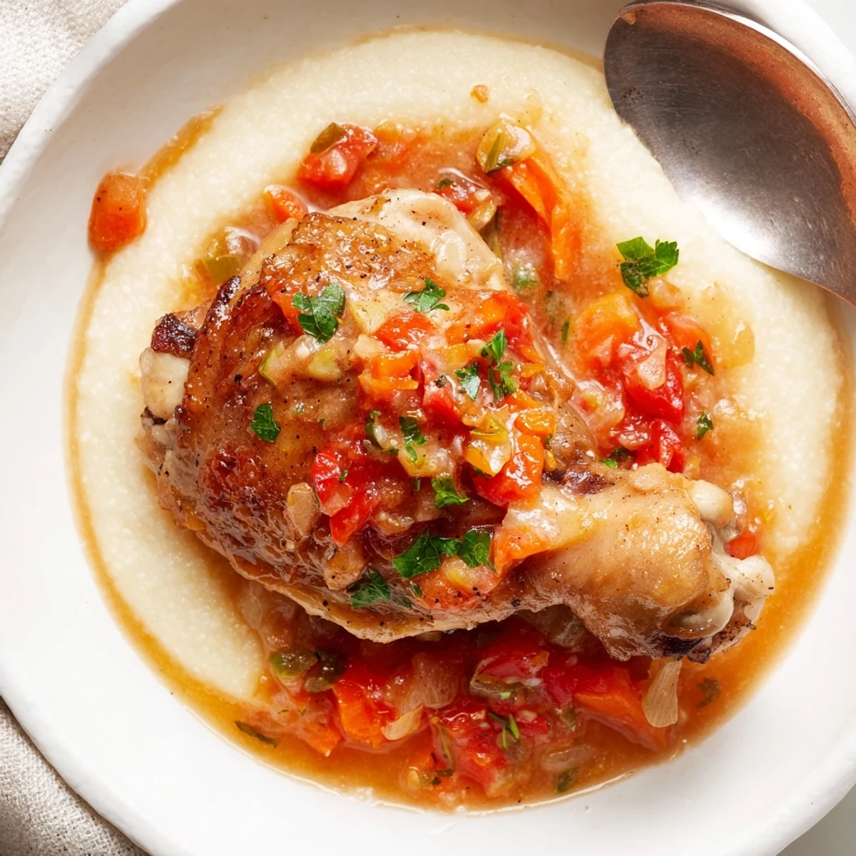 Braised Chicken Thigh Osso Bucco in rich tomato and white wine sauce, steam rising.