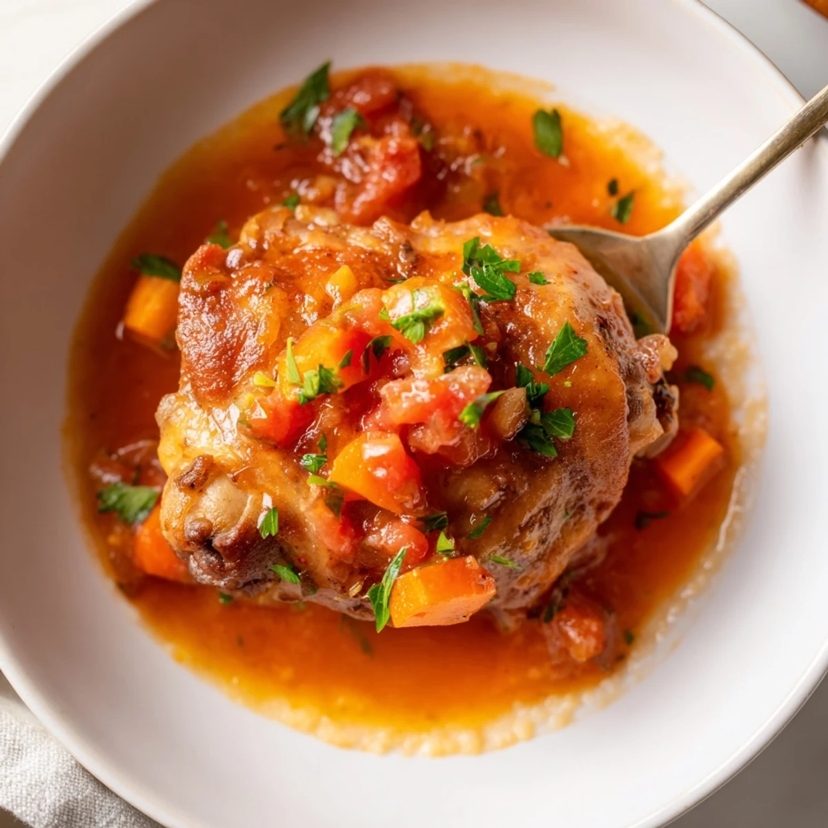 Close-up of Chicken Thigh Osso Bucco spooned over creamy polenta, garnished with parsley.