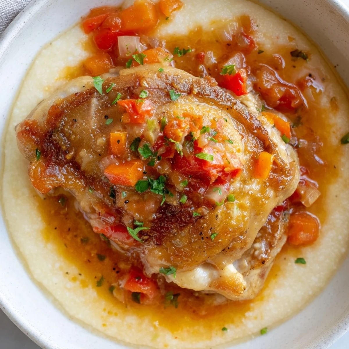 Hearty Chicken Thigh Osso Bucco bubbling in Dutch oven, carrots and fresh herbs.