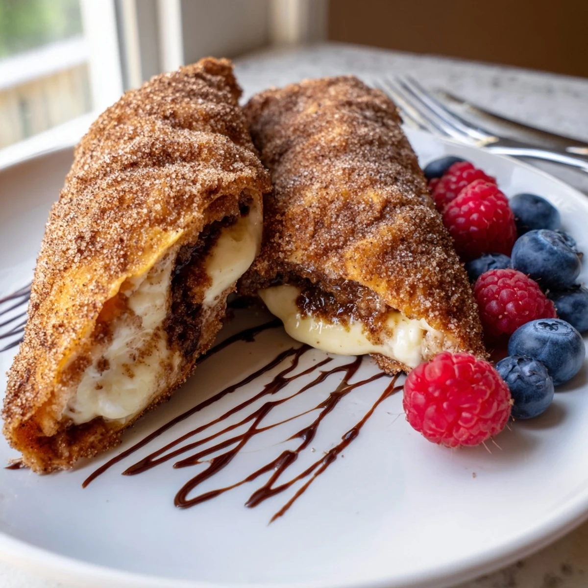 Golden crispy cheesecake chimichangas coated in warm cinnamon sugar, served on a rustic plate.