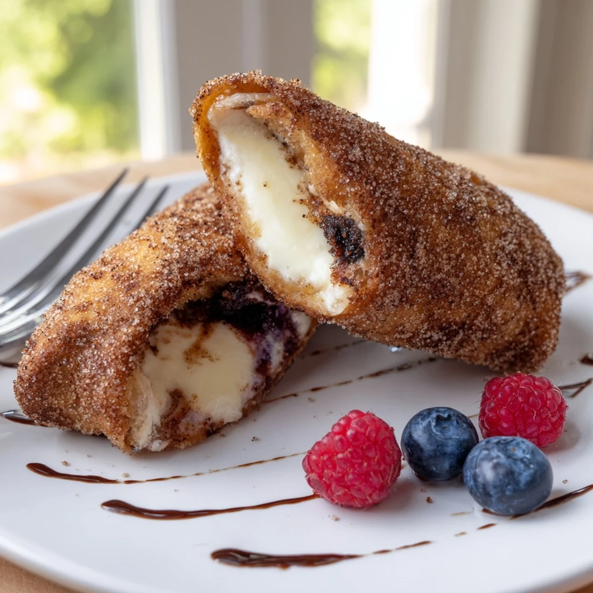 Creamy cheesecake chimichangas freshly fried until golden brown and dusted with sweet cinnamon sugar.