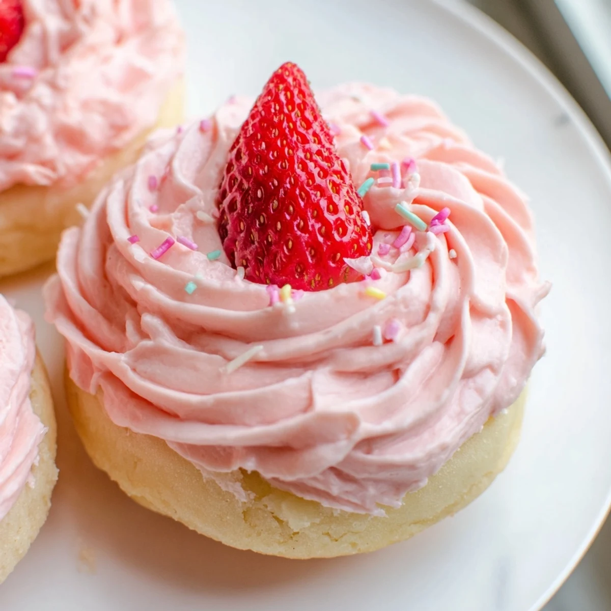Golden strawberry buttercream frosted donuts crowned with fresh berry slices on a rustic plate