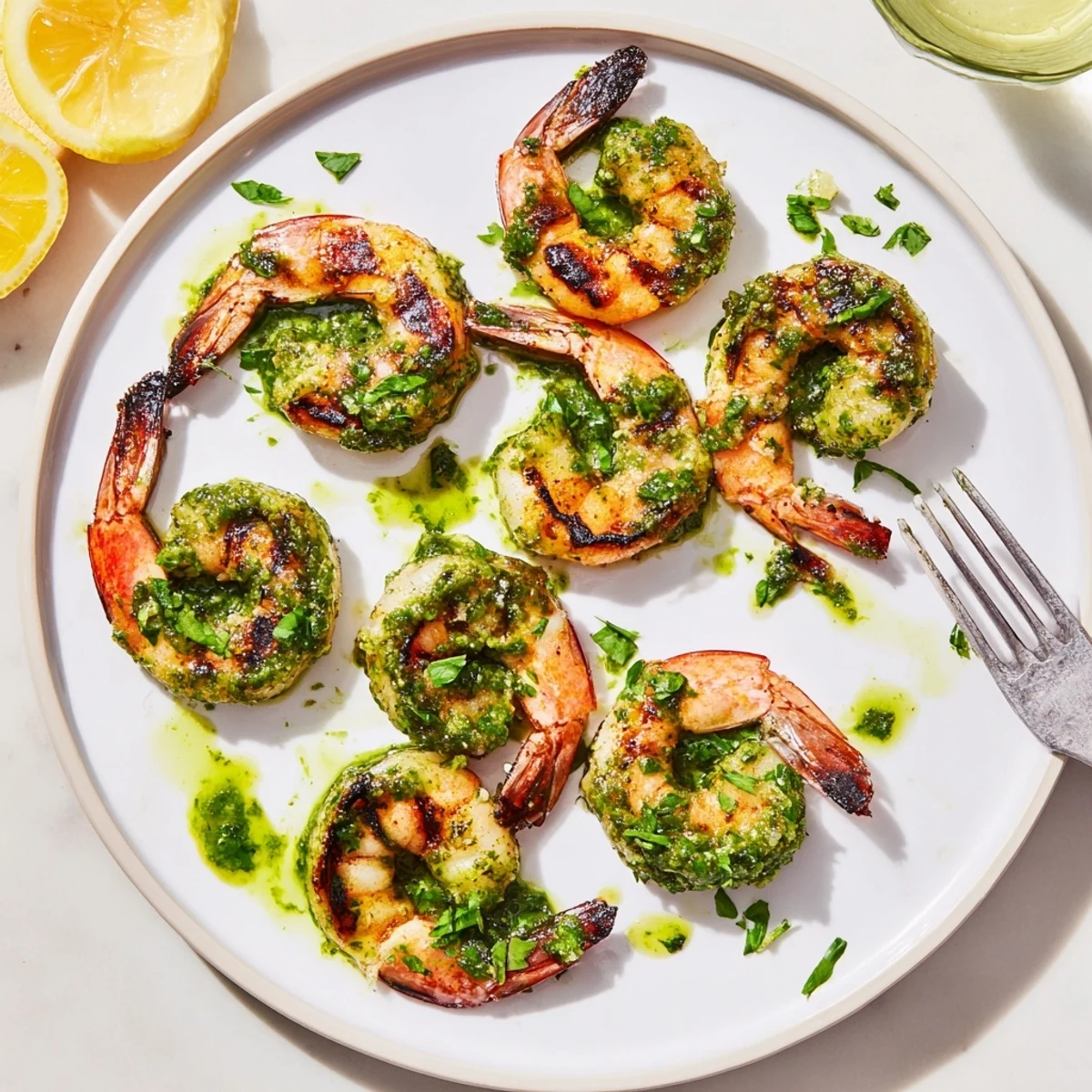 Chimichurri shrimp sizzling in a cast iron skillet with fresh herbs and lemon