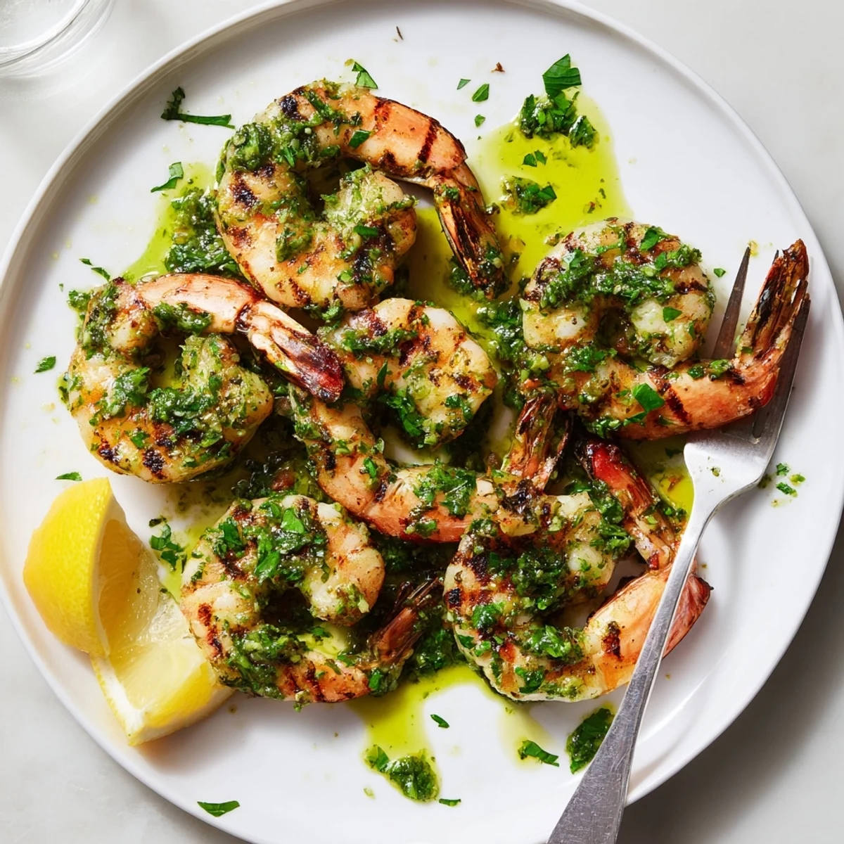 Golden grilled chimichurri shrimp garnished with parsley and bright citrus wedges on a platter