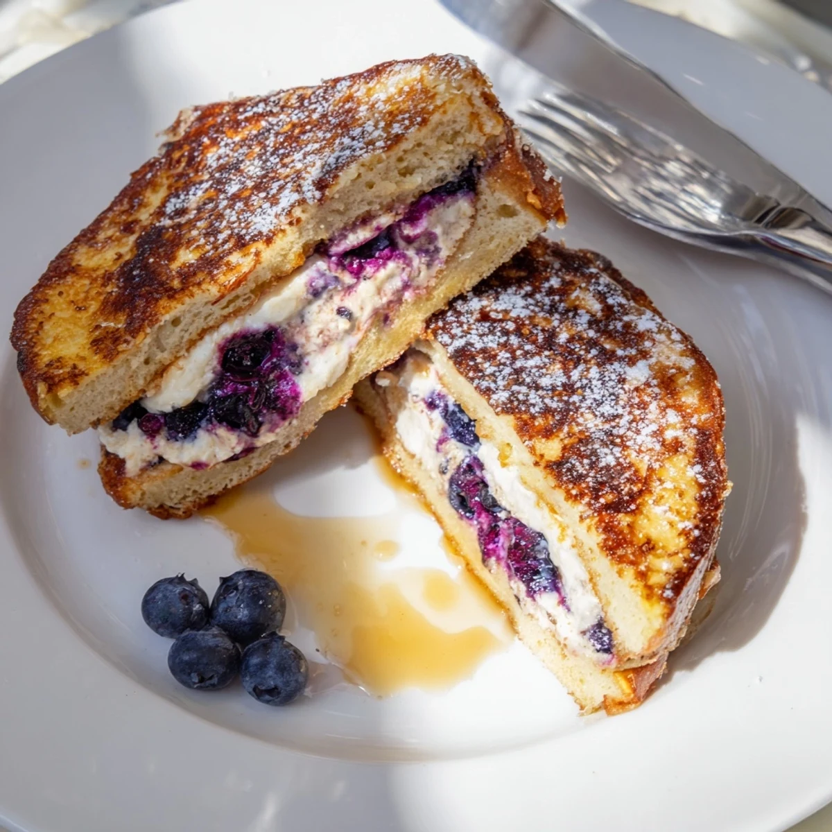 Golden brown blueberry cheesecake stuffed French toast plated with fresh berries and maple syrup
