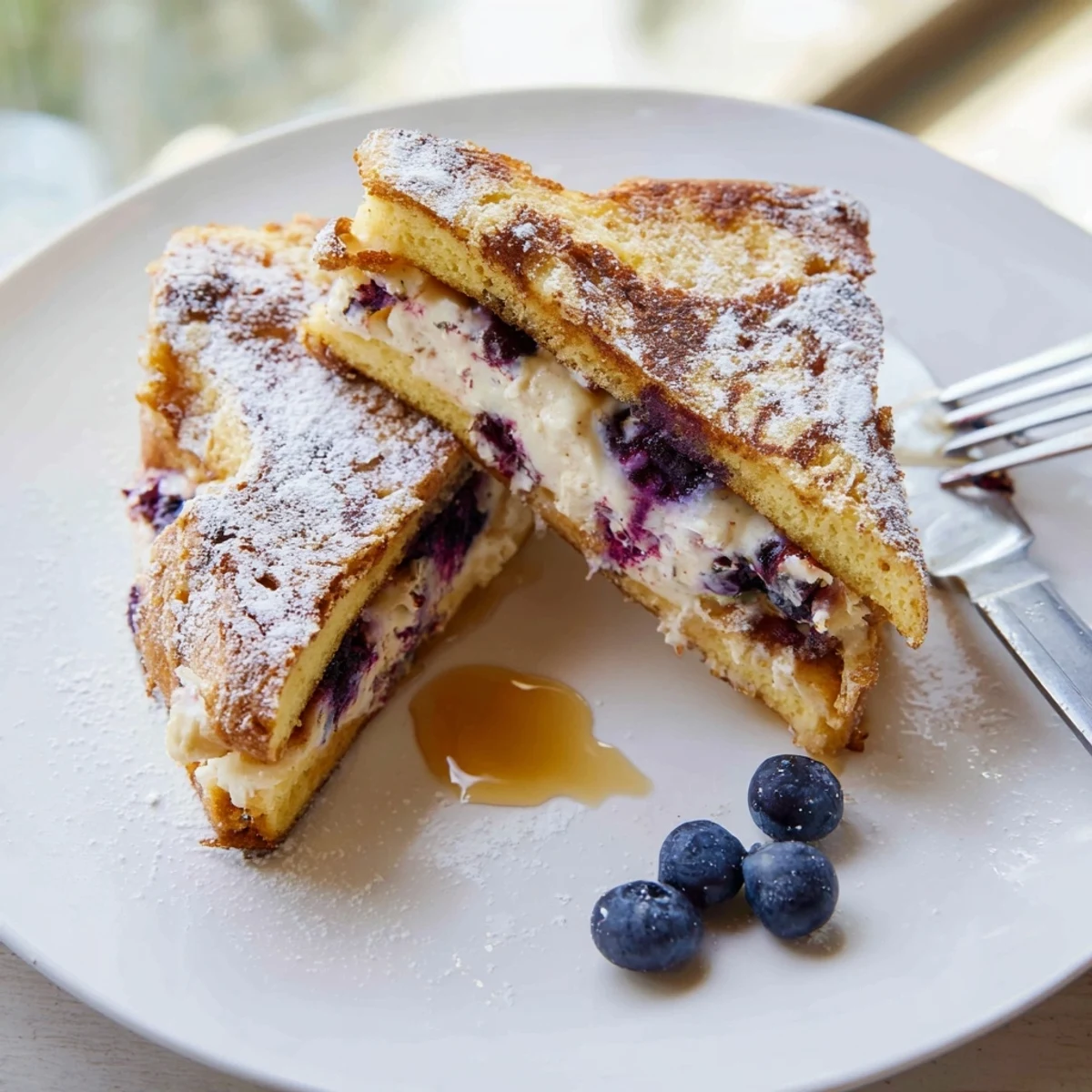 Blueberry cheesecake stuffed French toast with powdered sugar dusted brioche and creamy filling