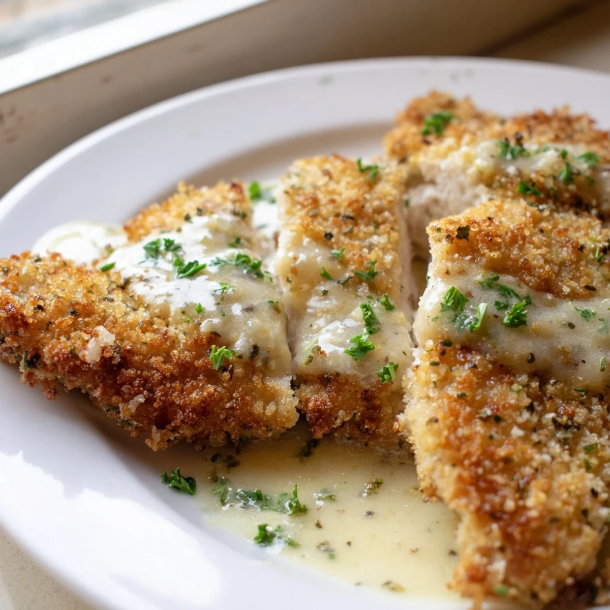 Golden crispy Parmesan chicken smothered in rich creamy garlic sauce on a white plate