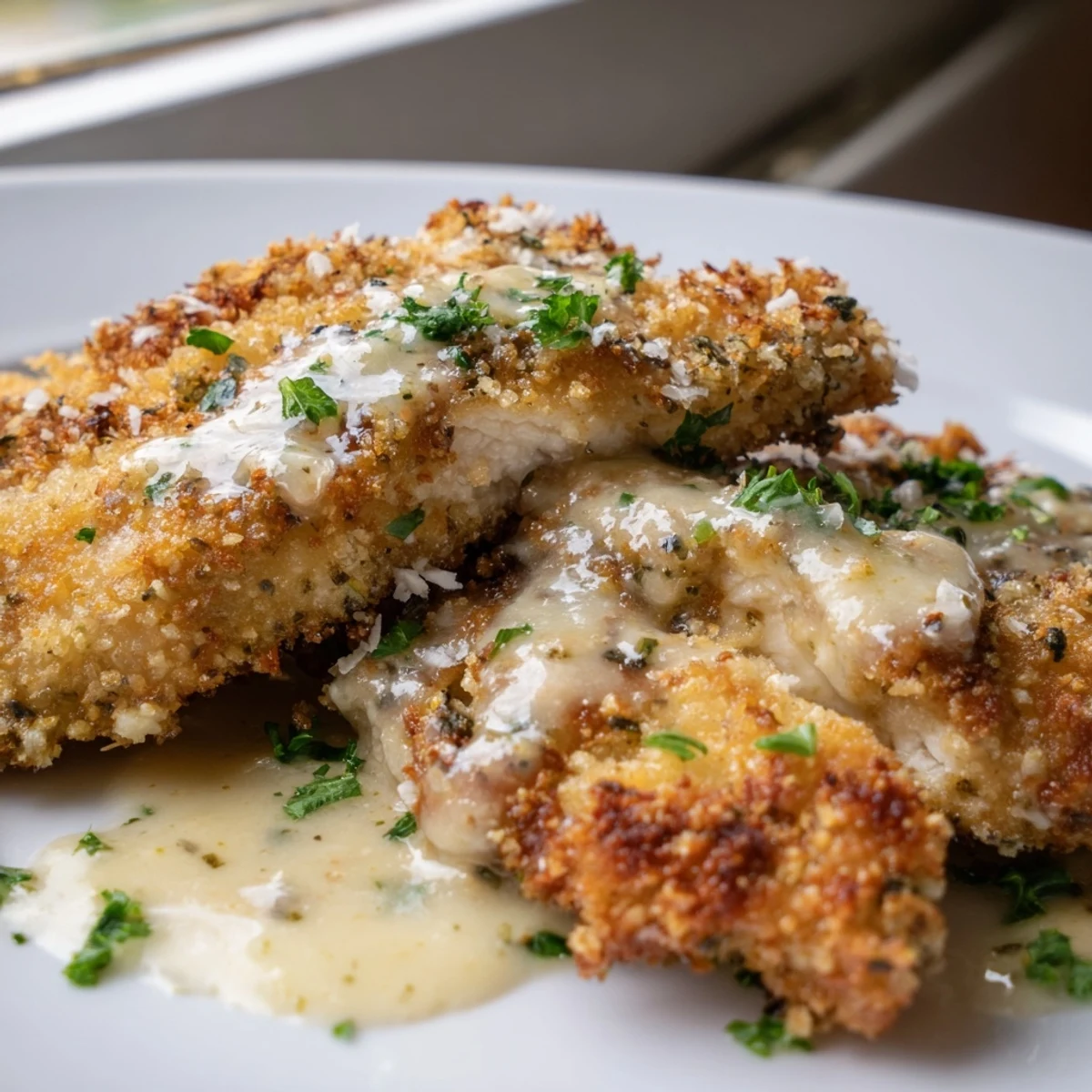 Crispy Parmesan chicken with creamy garlic sauce served over buttery mashed potatoes