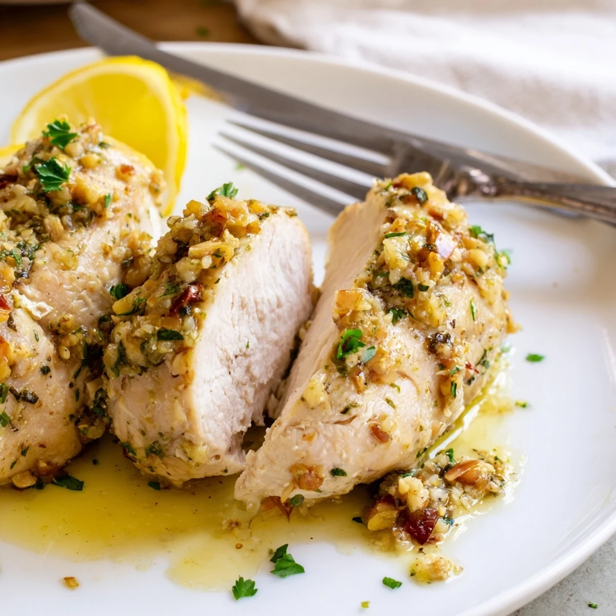 Golden garlic butter baked chicken breast garnished with fresh parsley on a white plate