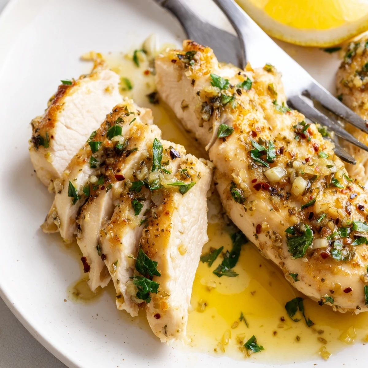 Juicy garlic butter baked chicken breast sliced open revealing tender meat with herb sauce