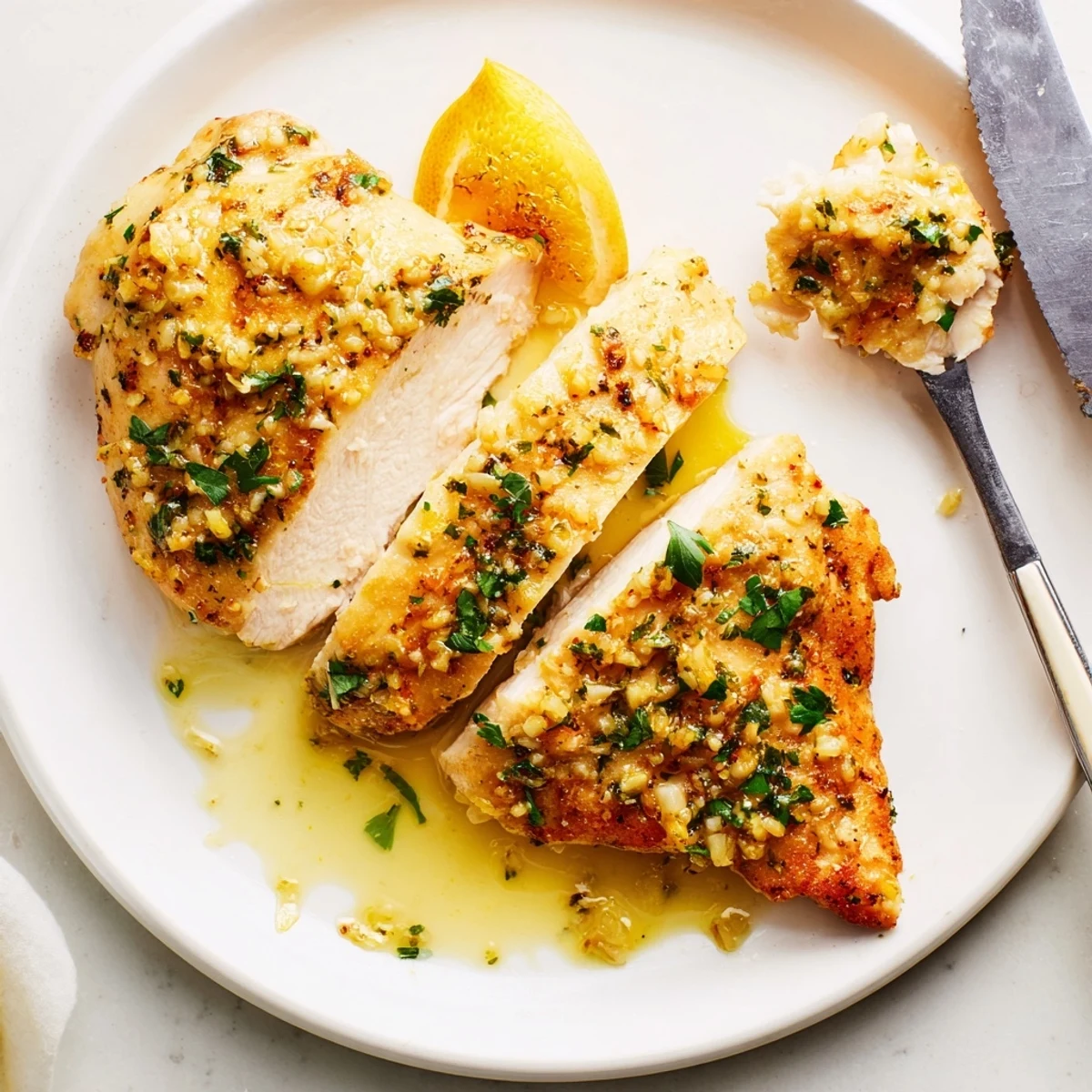 Garlic butter baked chicken breast served alongside roasted vegetables with melted butter drizzle