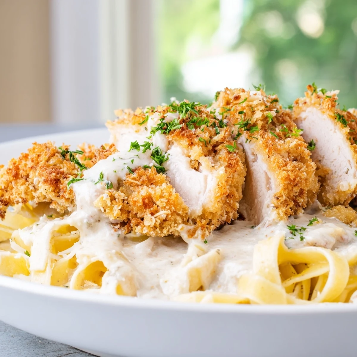 Creamy Family Friendly Crispy Chicken Alfredo served in a white bowl with parsley garnish