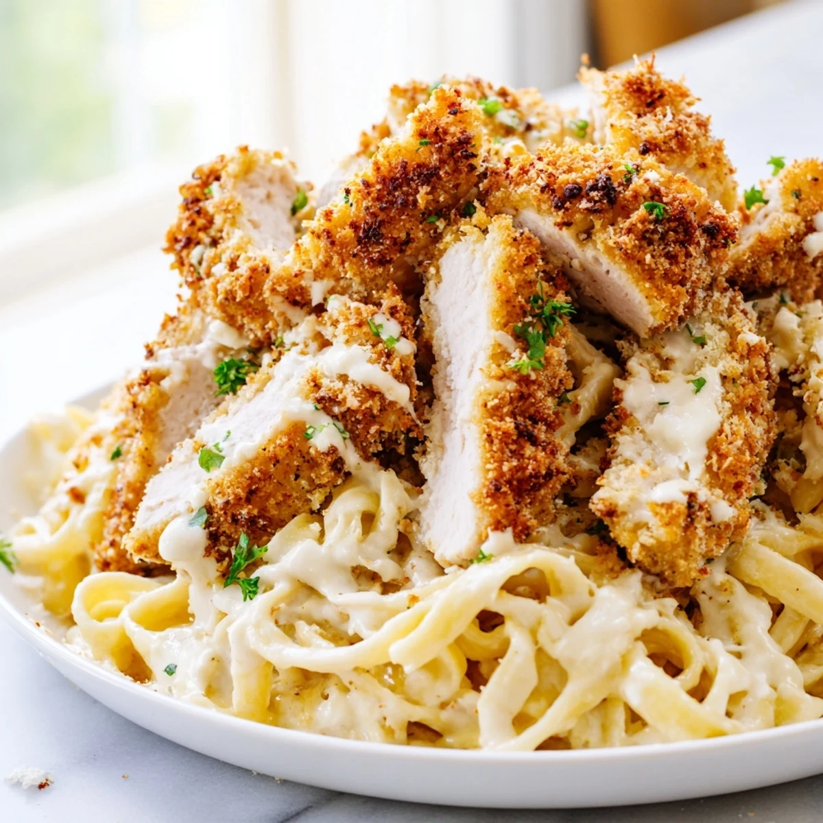 Golden crispy chicken cutlets resting atop creamy Family Friendly Crispy Chicken Alfredo pasta