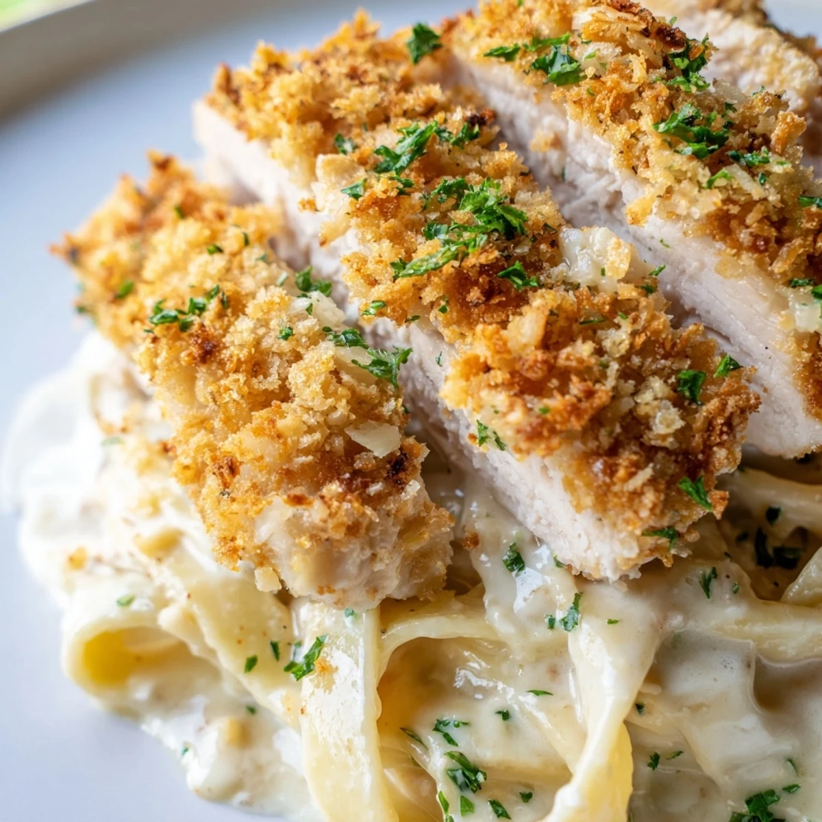 Family Friendly Crispy Chicken Alfredo with crunchy breaded chicken strips and rich parmesan sauce