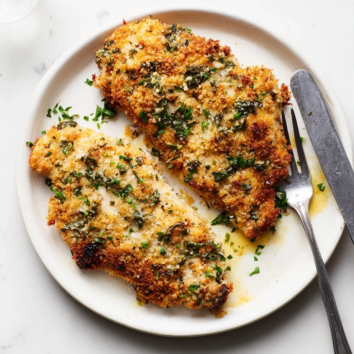Golden crispy Savory Herbed Parmesan Chicken served fresh from the oven on a rustic baking sheet