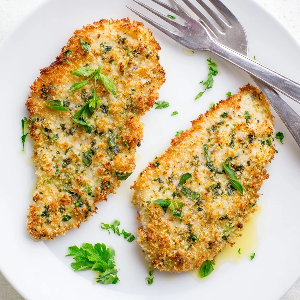 Juicy sliced Savory Herbed Parmesan Chicken plated with vibrant green herbs and a lemon wedge