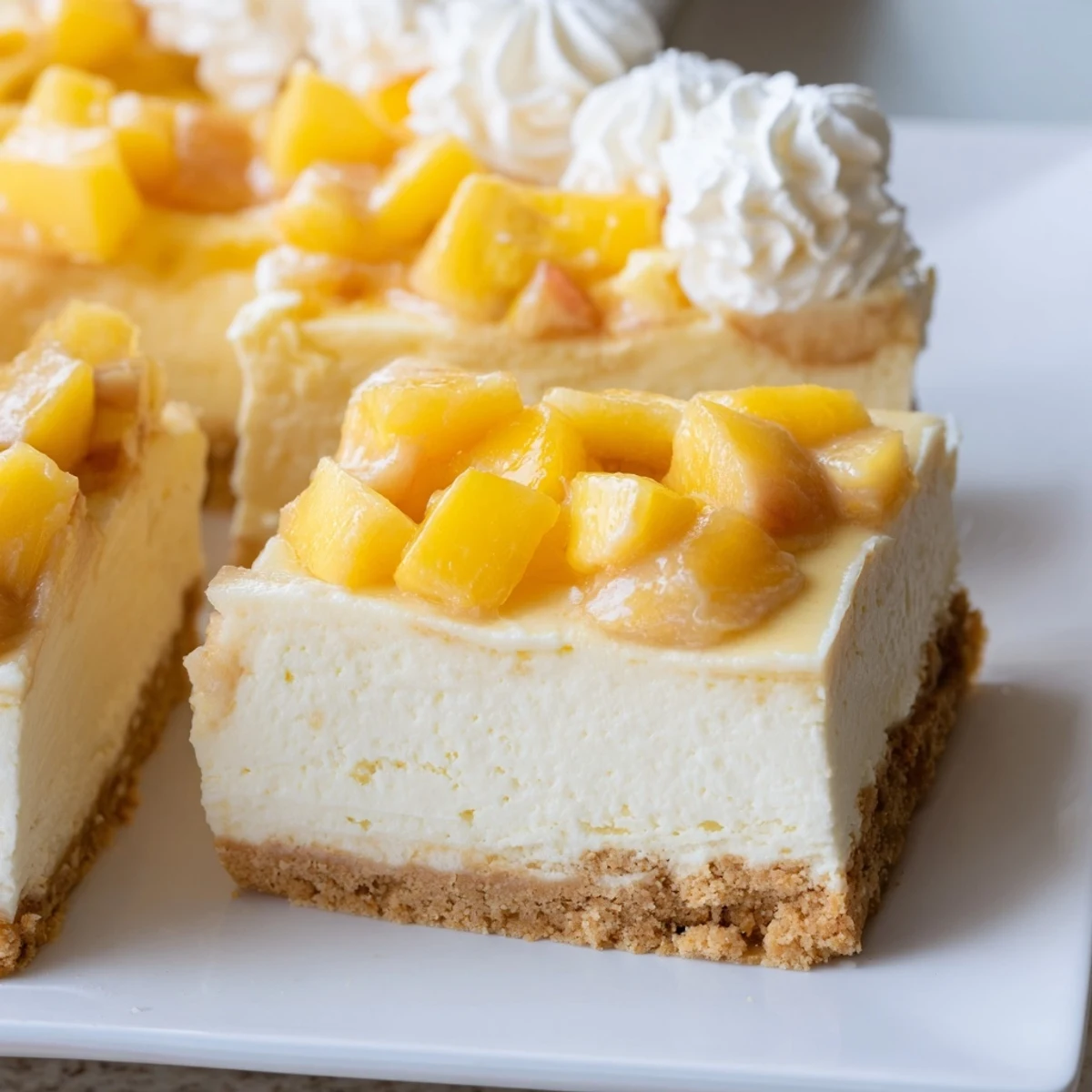 Golden peach-topped peaches and cream cheesecake bars sliced and plated on rustic parchment
