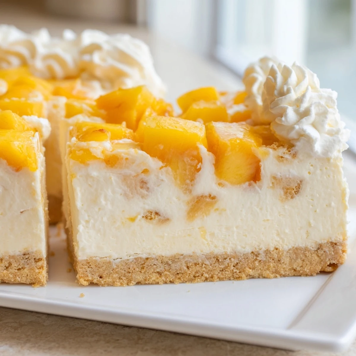 Creamy peaches and cream cheesecake bars with golden graham crust and fresh peach slices