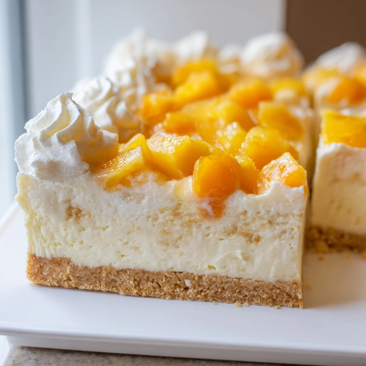 Swirled whipped cream crowns these chilled peaches and cream cheesecake bars with juicy ripe peaches