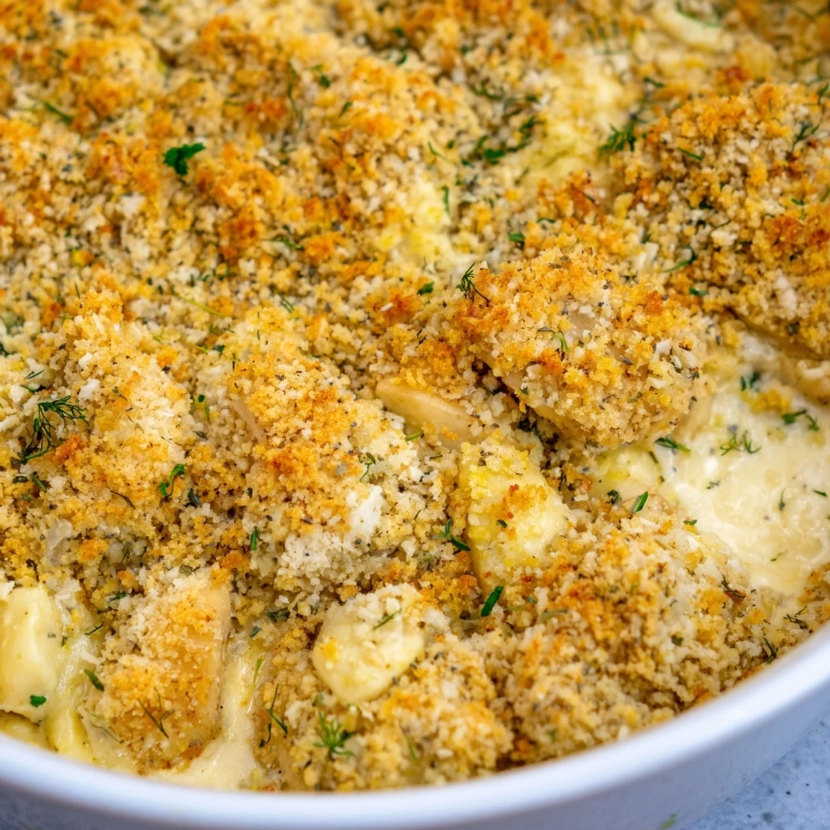 Golden crispy chicken kiev casserole fresh from the oven with herb butter sauce
